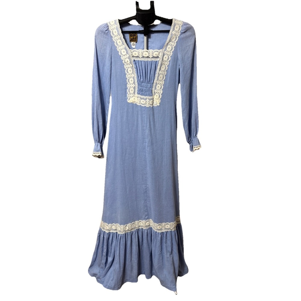 Betty Lou Vintage‎ 1970's  Blue Beige Lace Prairie Maxi Dress S/M